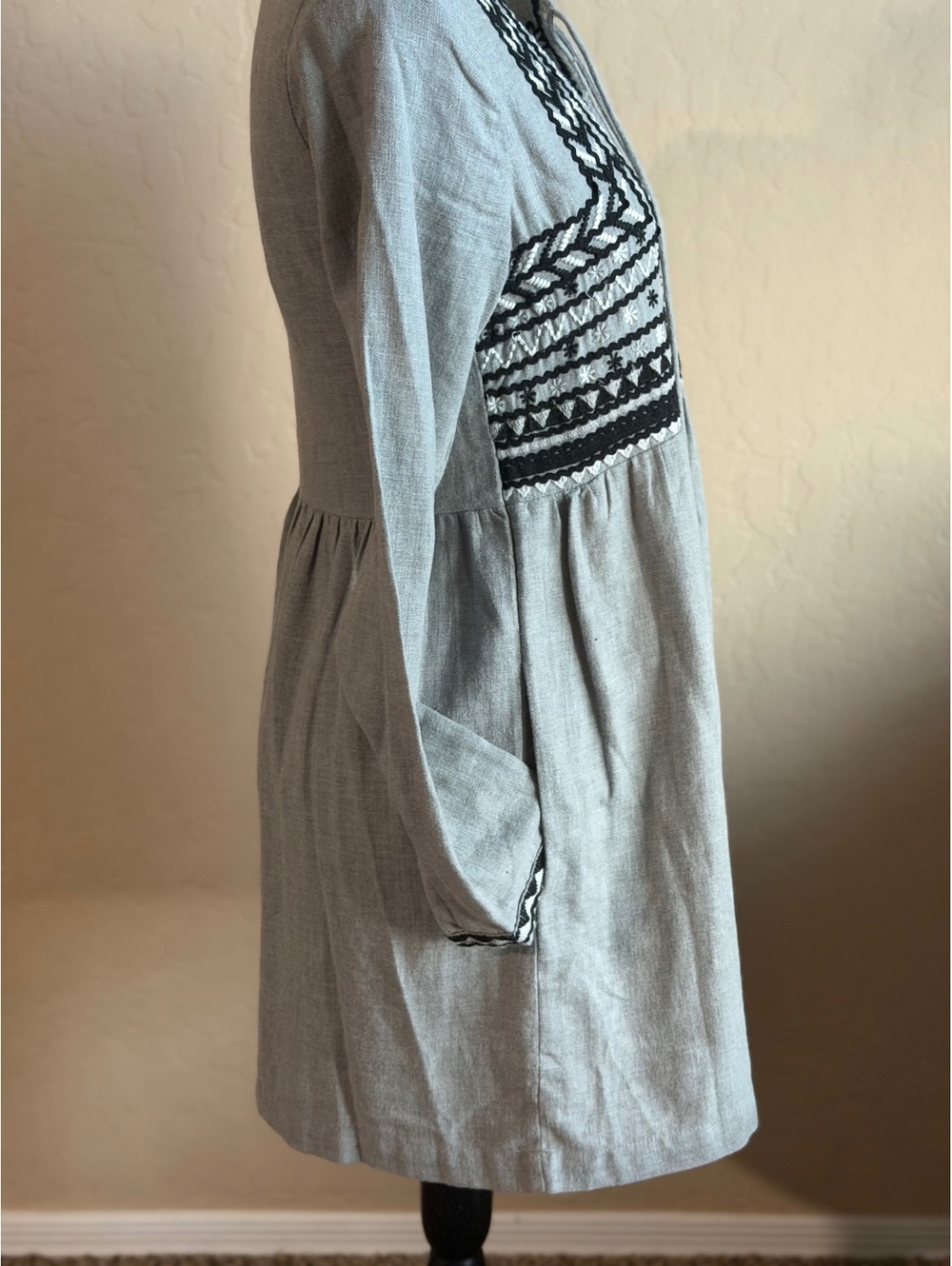 Zara TRF Womens XS Gray Embroidered Tunic Dress Boho Tassel Long Sleeve Mini - Picture 3 of 13